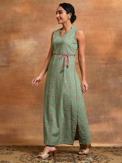 Sea Green Floral Print A-Line Maxi Dress