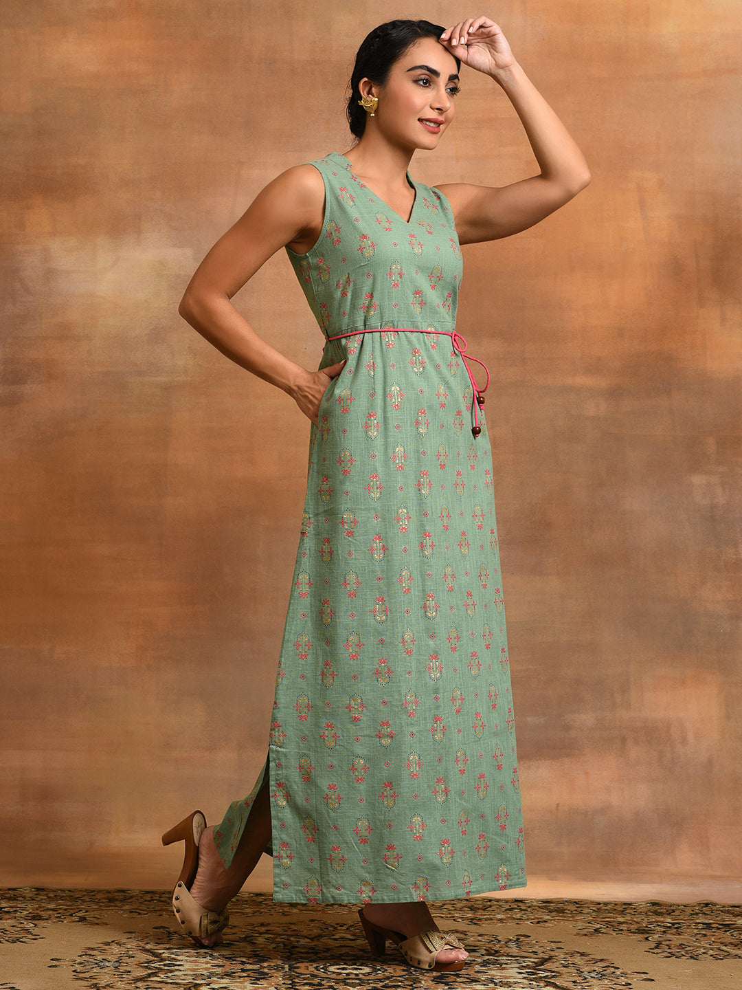 Sea Green Floral Print A-Line Maxi Dress