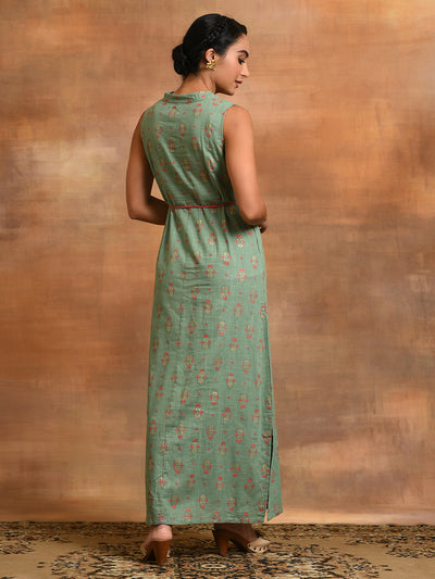 Sea Green Floral Print A-Line Maxi Dress