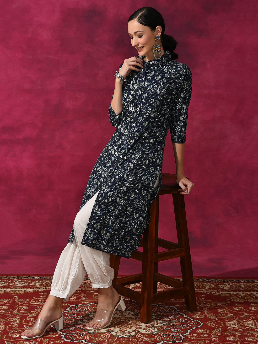 Navy Blue Floral Printed Button Down Kurta