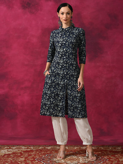 Navy Blue Floral Printed Button Down Kurta