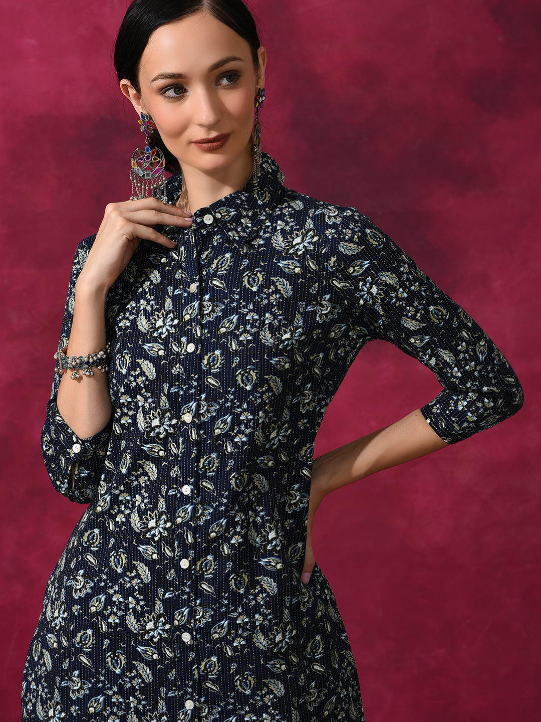 Navy Blue Floral Printed Button Down Kurta