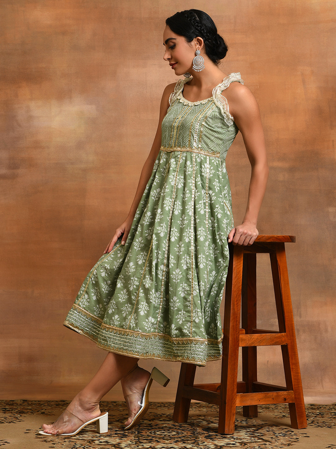 Pastel Green Floral Print Midi Dress With Lace Work