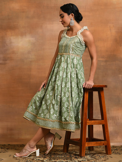 Pastel Green Floral Print Midi Dress With Lace Work