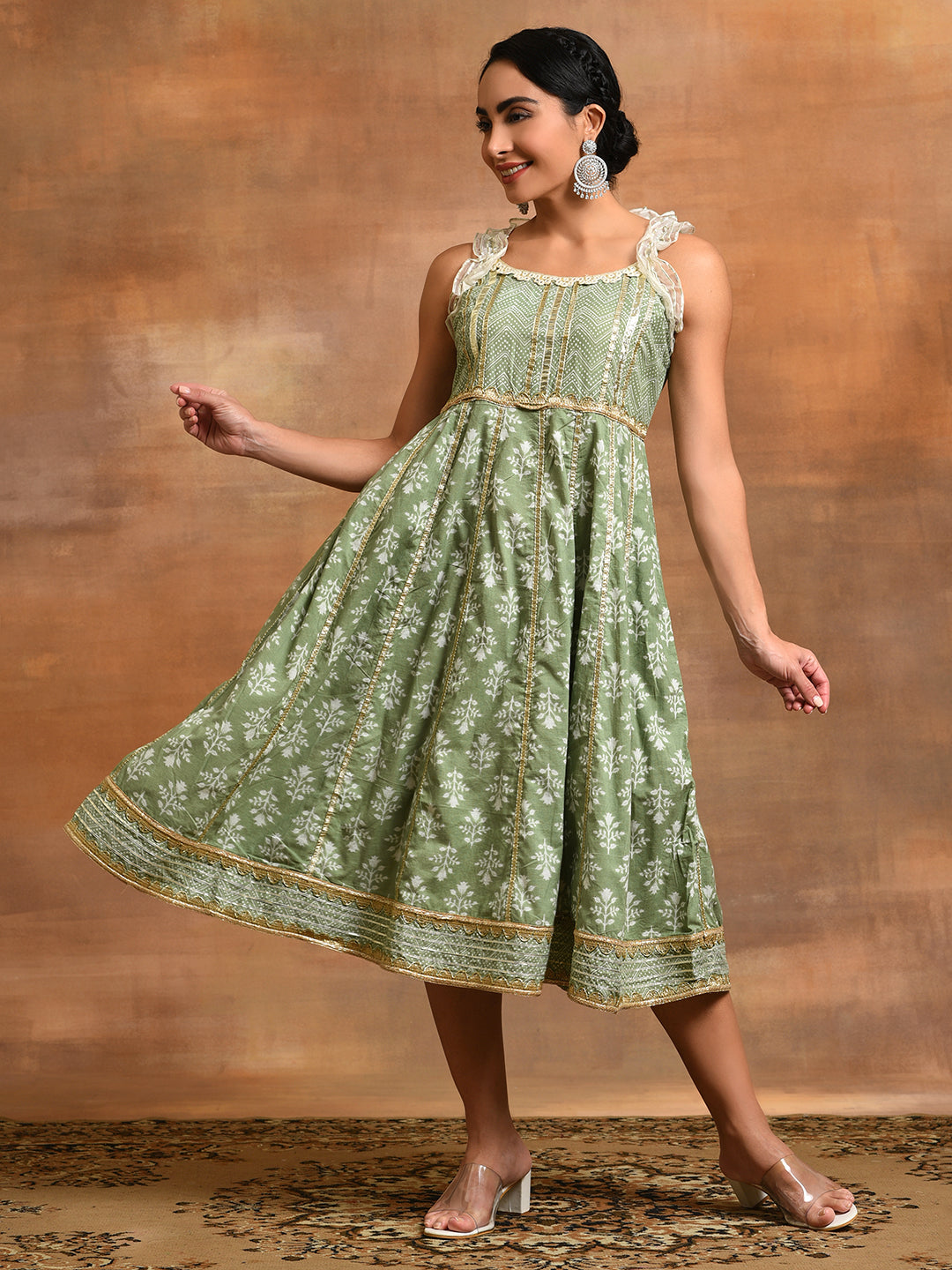 Pastel Green Floral Print Midi Dress With Lace Work