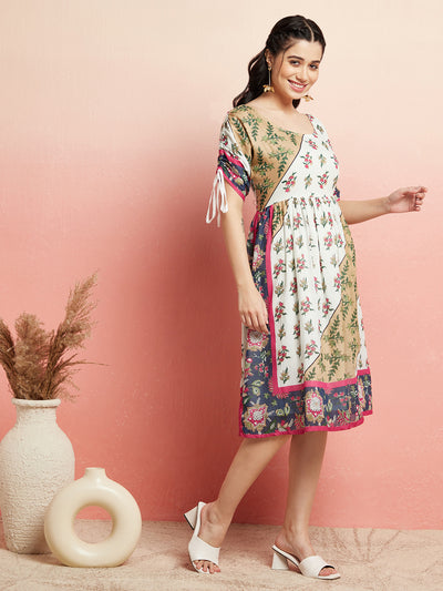 Multicolor Floral Print Gathered Dress