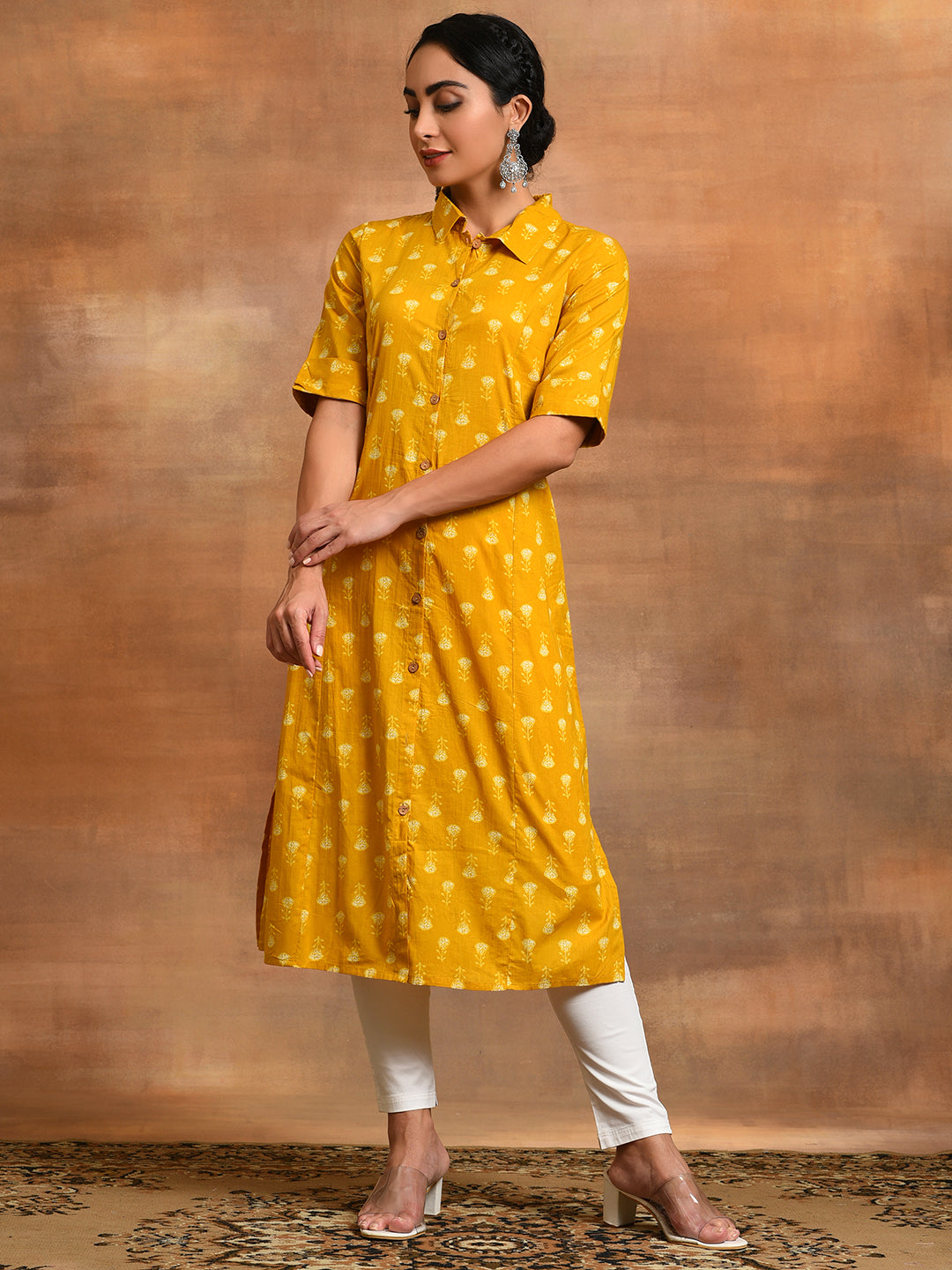 Mustard Yellow Printed Button Down A-Line Kurta