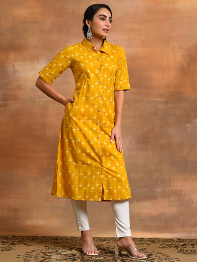 Mustard Yellow Printed Button Down A-Line Kurta