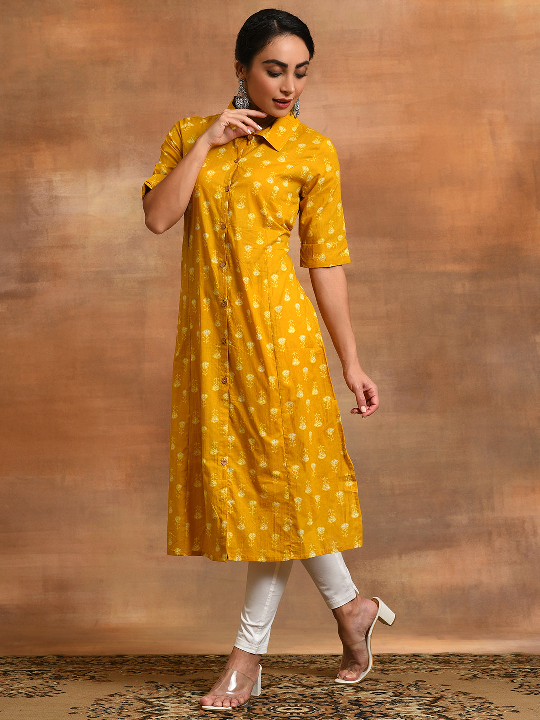 Mustard Yellow Printed Button Down A-Line Kurta