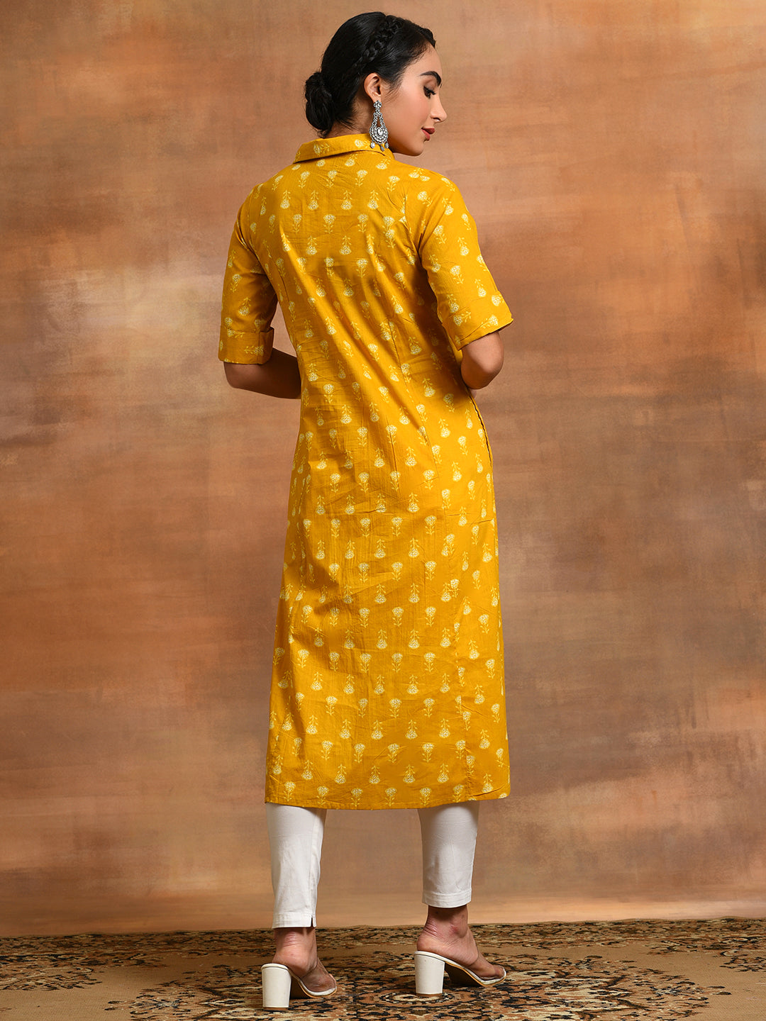 Mustard Yellow Printed Button Down A-Line Kurta