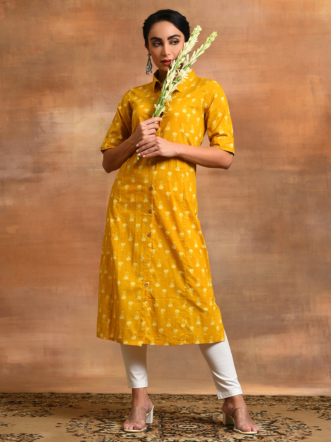 Mustard Yellow Printed Button Down A-Line Kurta