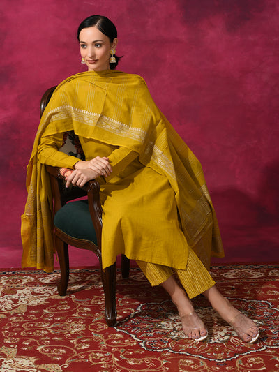 Mustard Textured Kurta Pant With Dupatta