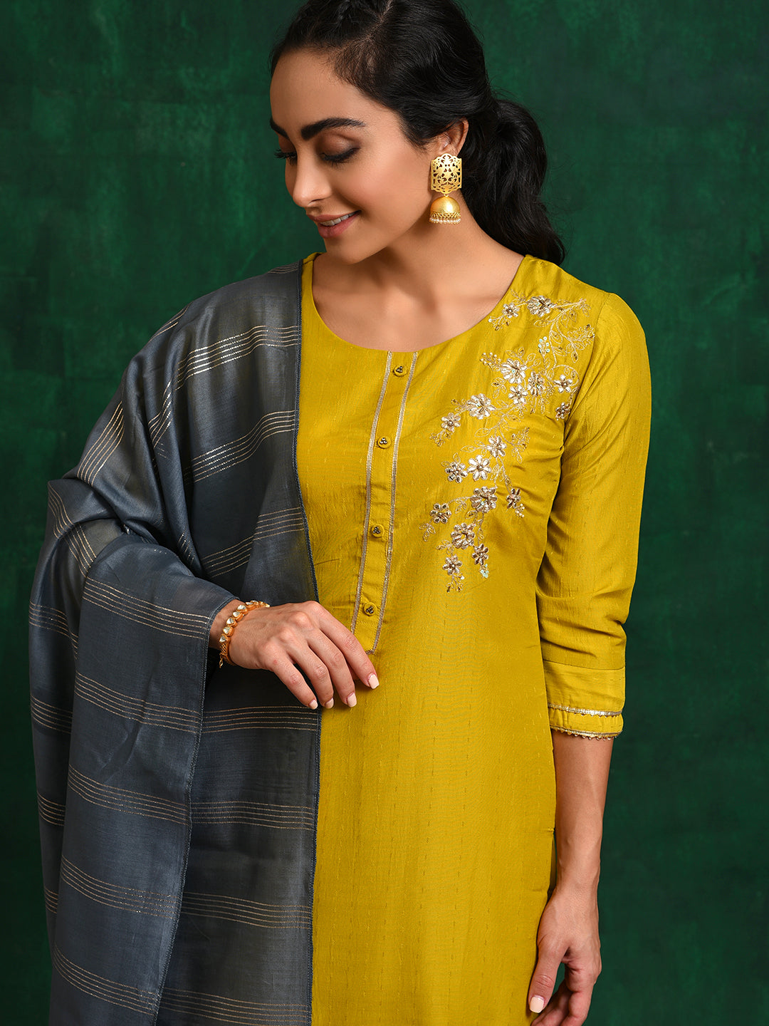 Yellow Embroidered Kurta Pant With Dupatta