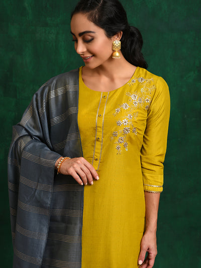 Yellow Embroidered Kurta Pant With Dupatta