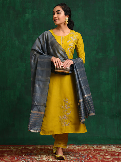 Yellow Embroidered Kurta Pant With Dupatta