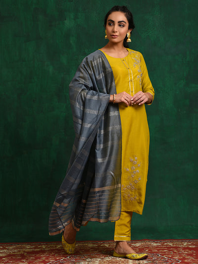 Yellow Embroidered Kurta Pant With Dupatta