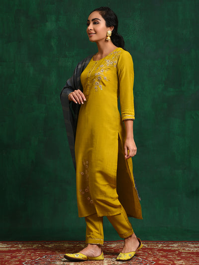 Yellow Embroidered Kurta Pant With Dupatta