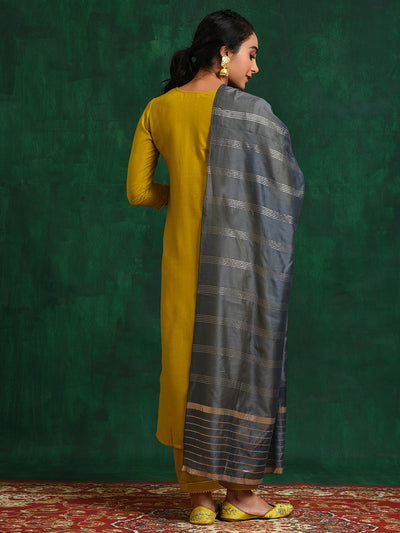 Yellow Embroidered Kurta Pant With Dupatta