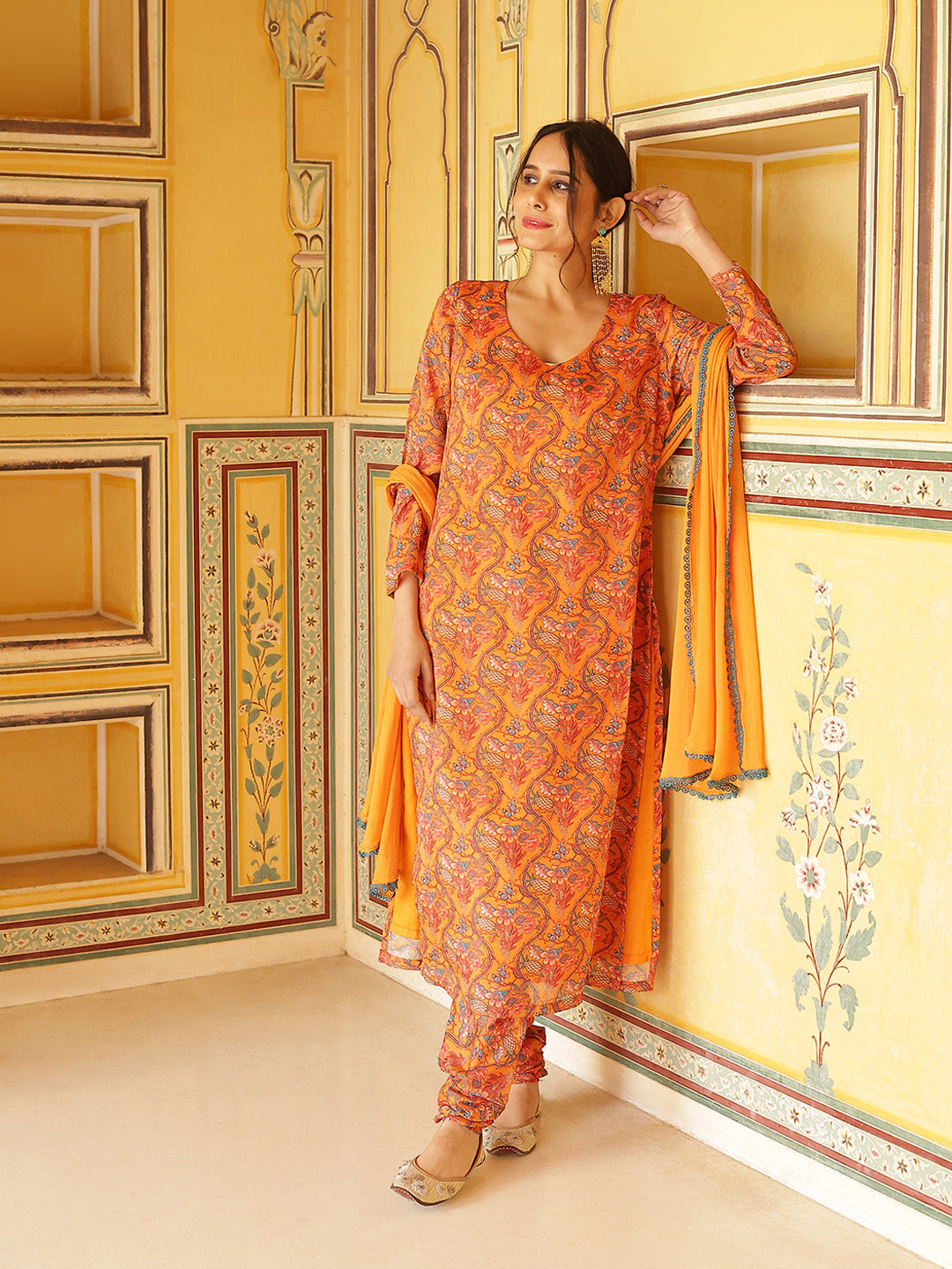 Orange Floral Print Anarkali Churidar With Dupatta