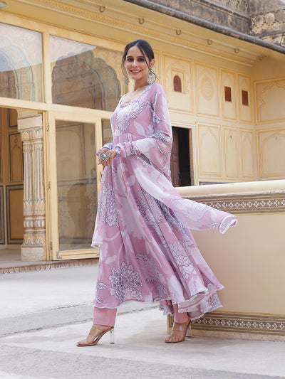 Pink Floral Print Anarkali Pant With Dupatta