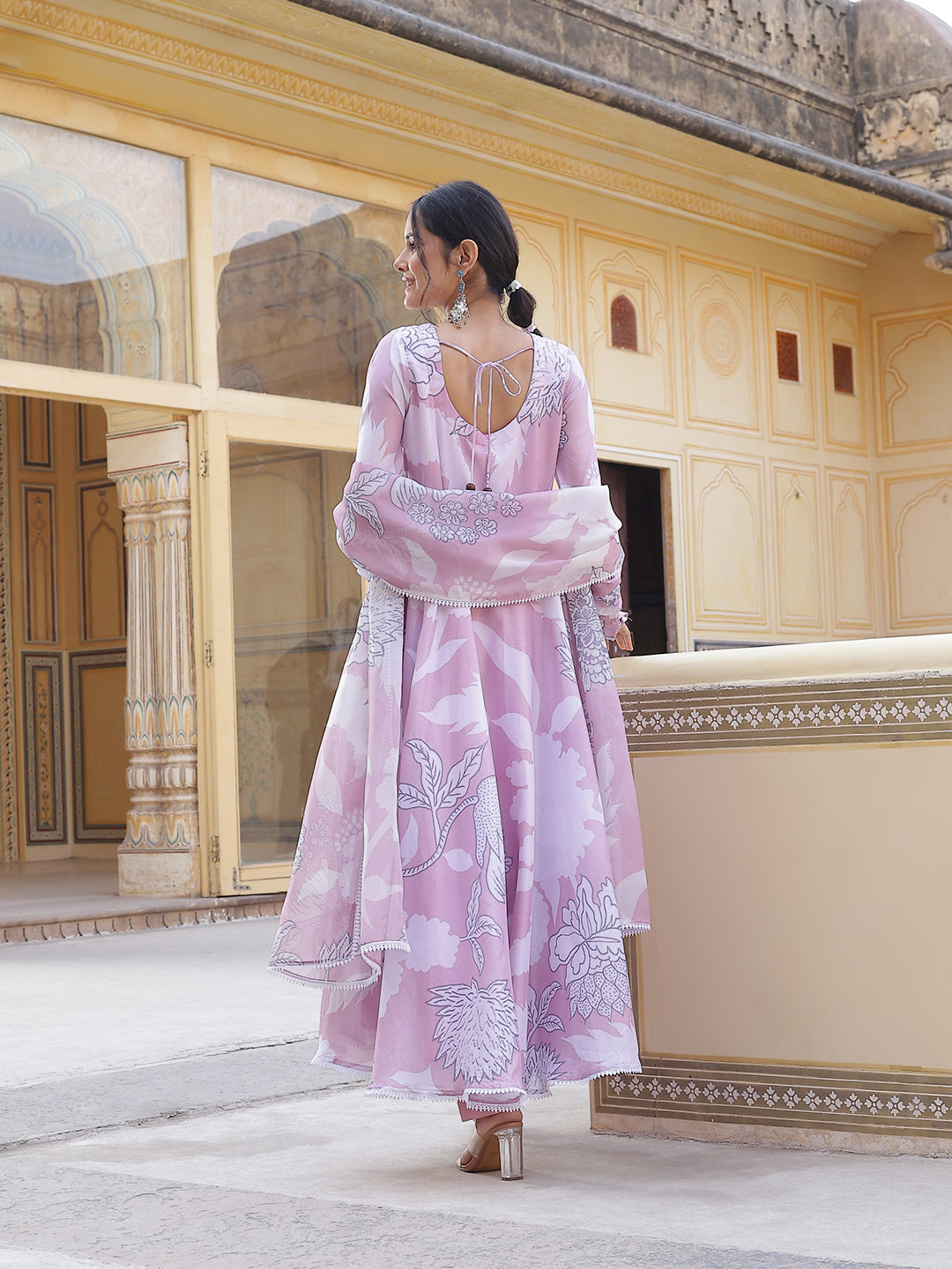 Pink Floral Print Anarkali Pant With Dupatta