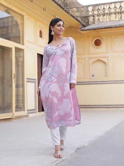 Pink Floral Print Twisted Neck Kurta