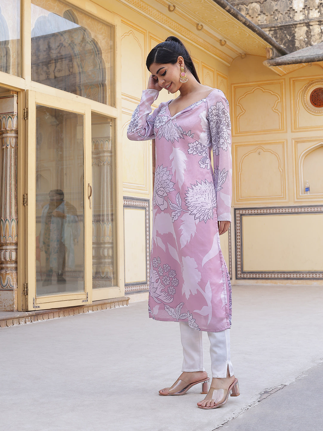 Pink Floral Print Twisted Neck Kurta