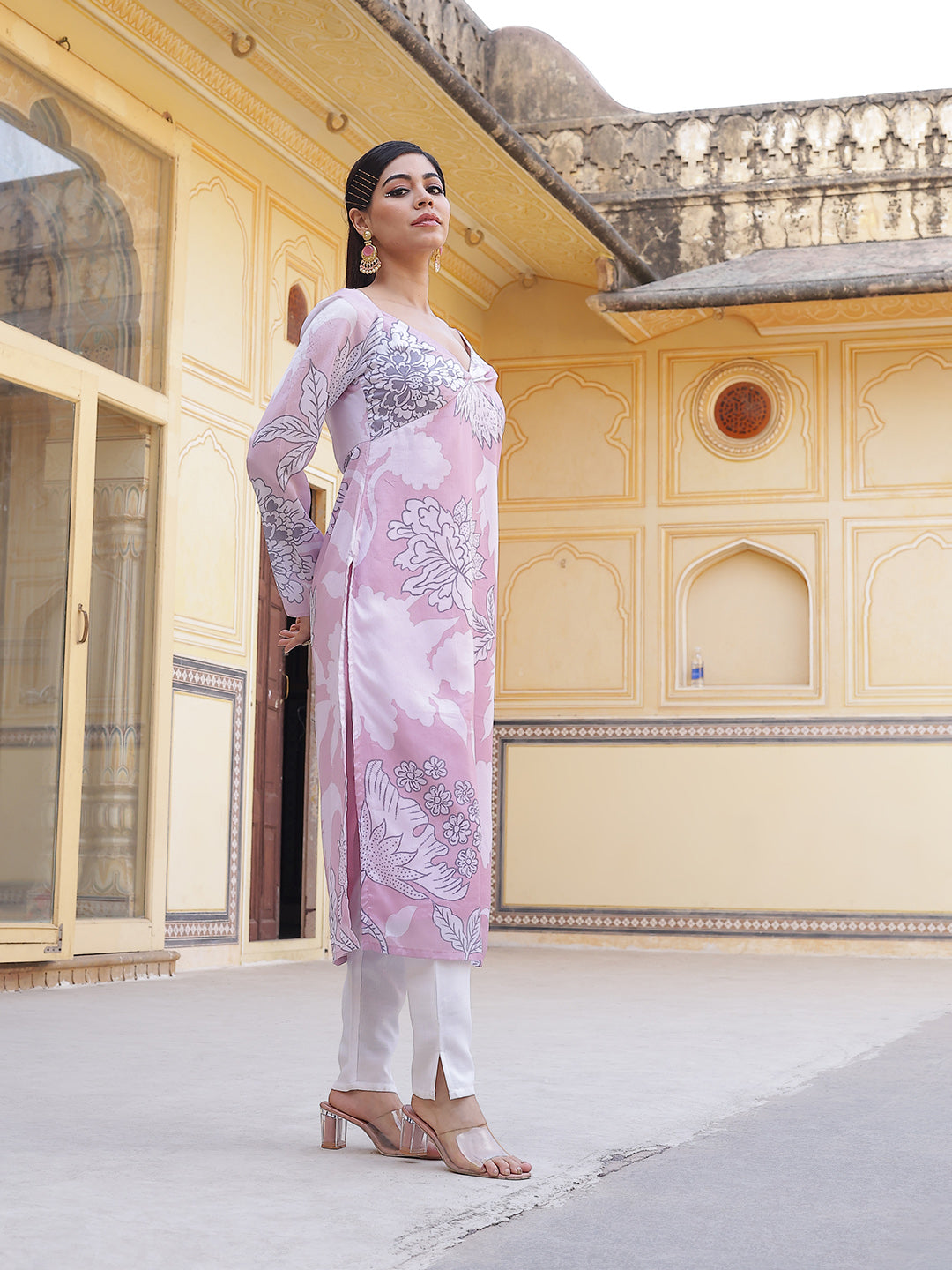 Pink Floral Print Twisted Neck Kurta