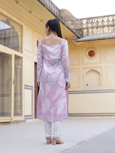 Pink Floral Print Twisted Neck Kurta