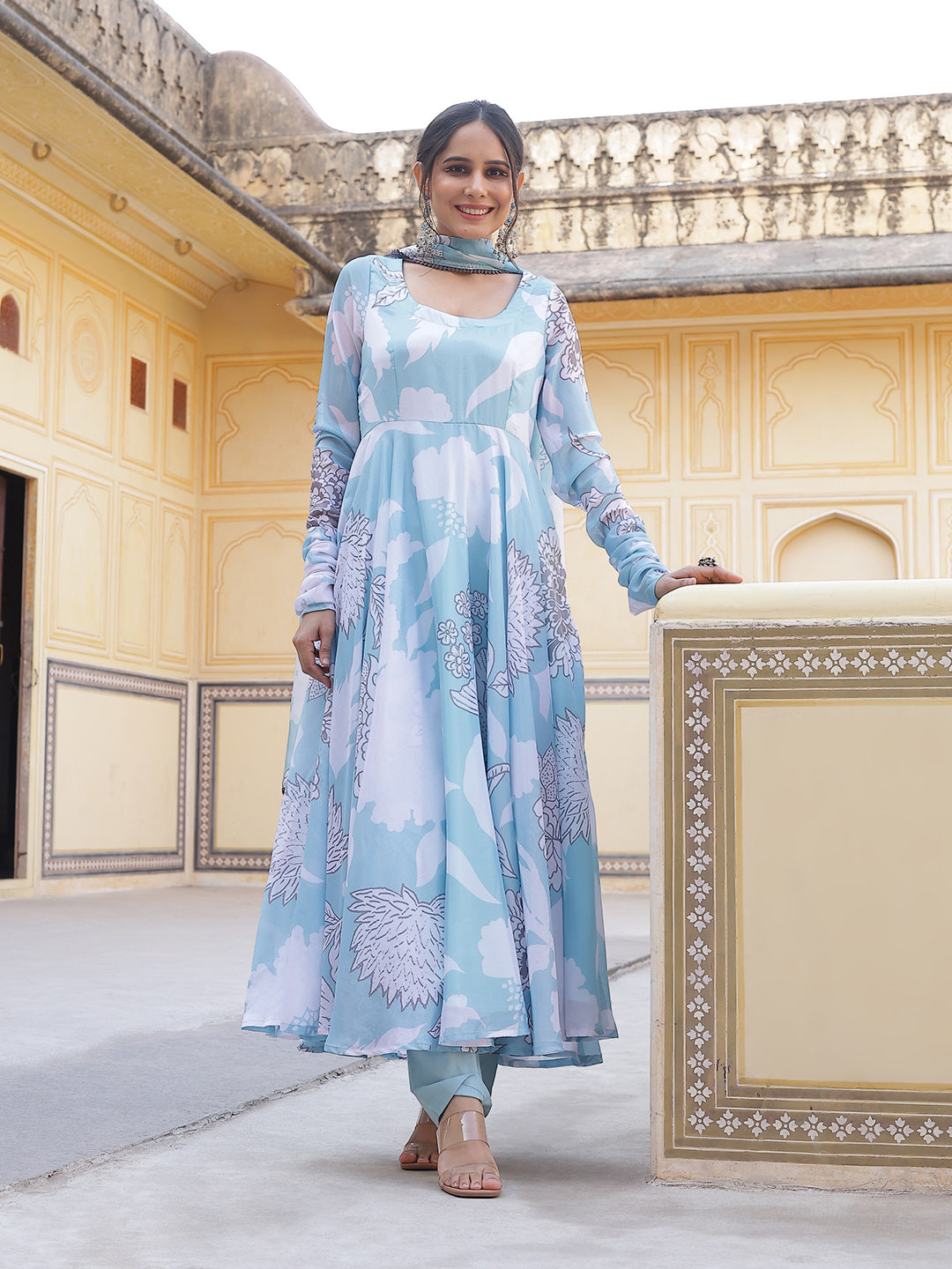 Blue & White Floral Print Anarkali Pant With Dupatta
