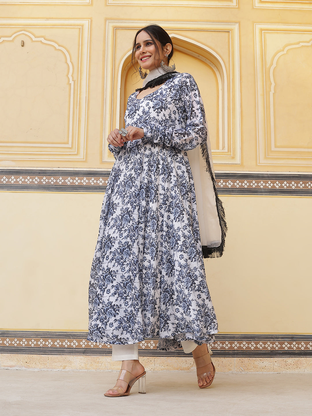 White Floral Print Anarkali Pant With Dupatta