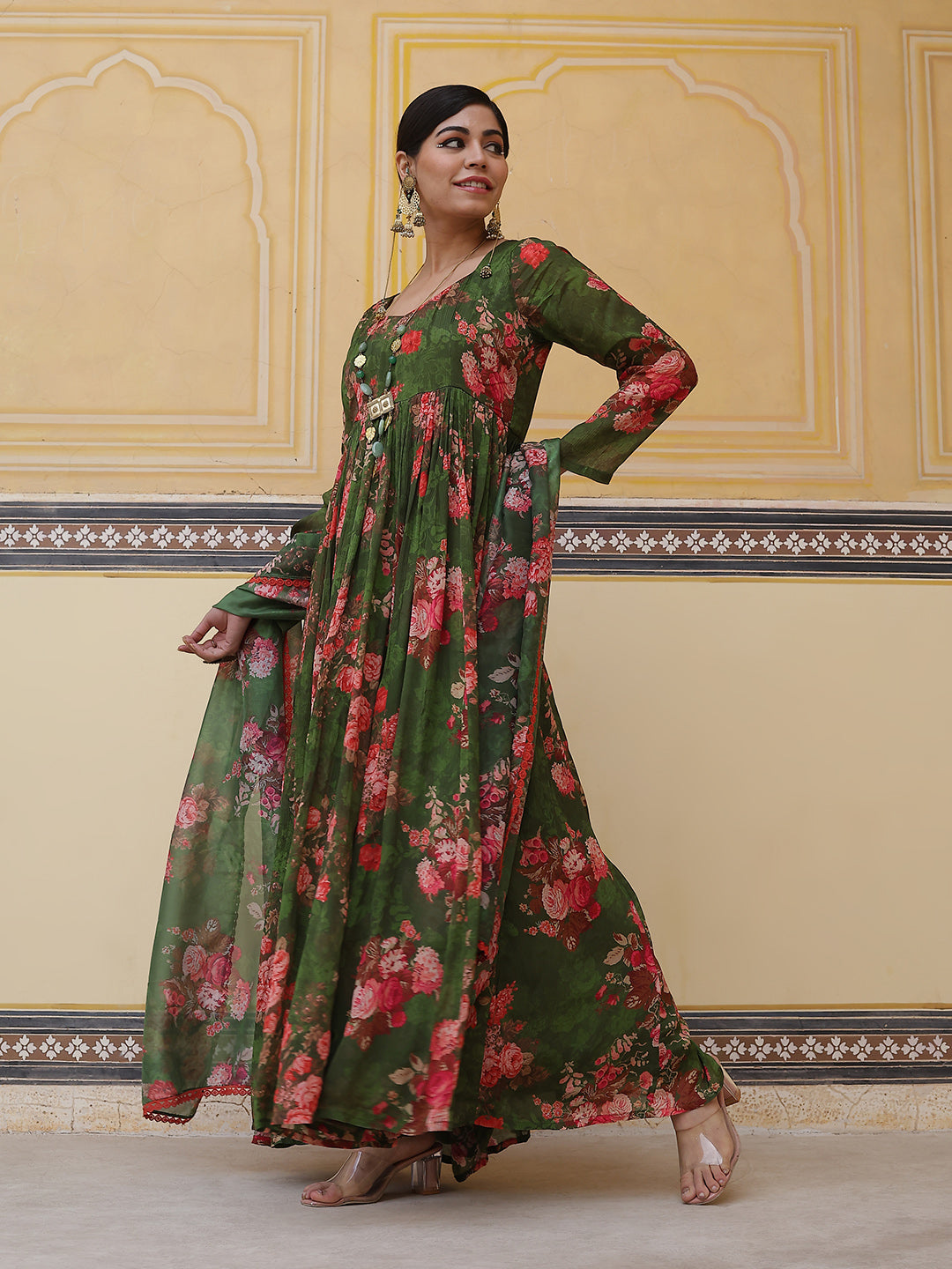 Green Floral Print Maxi Dress With Dupatta