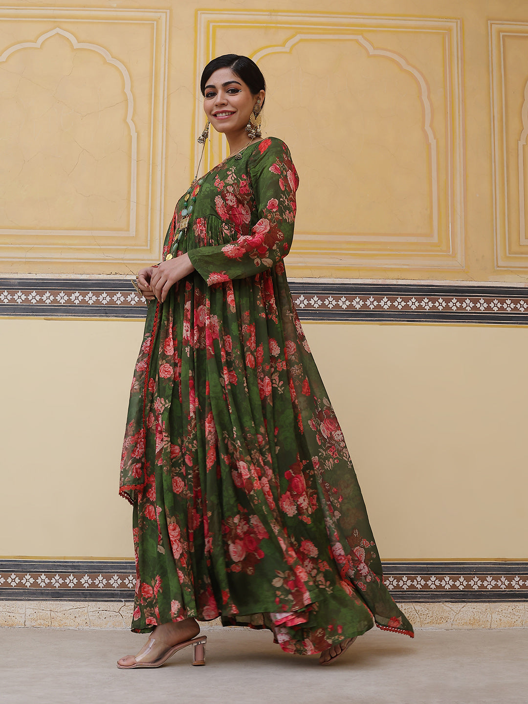 Green Floral Print Maxi Dress With Dupatta