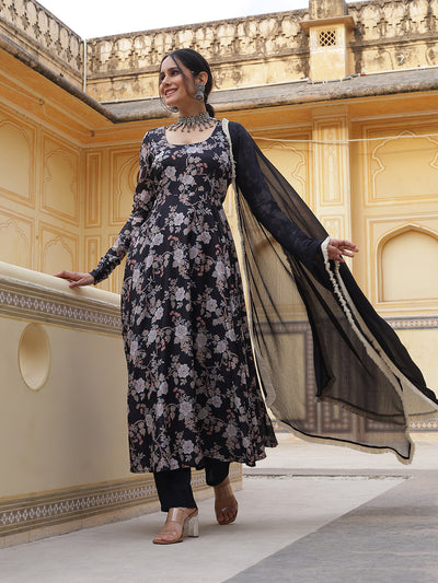 Black Floral Print Anarkali Pant With Dupatta