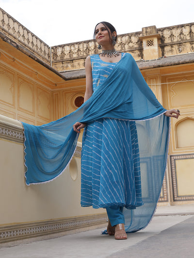 Blue Leheriya Print Anarkali Pant With Dupatta