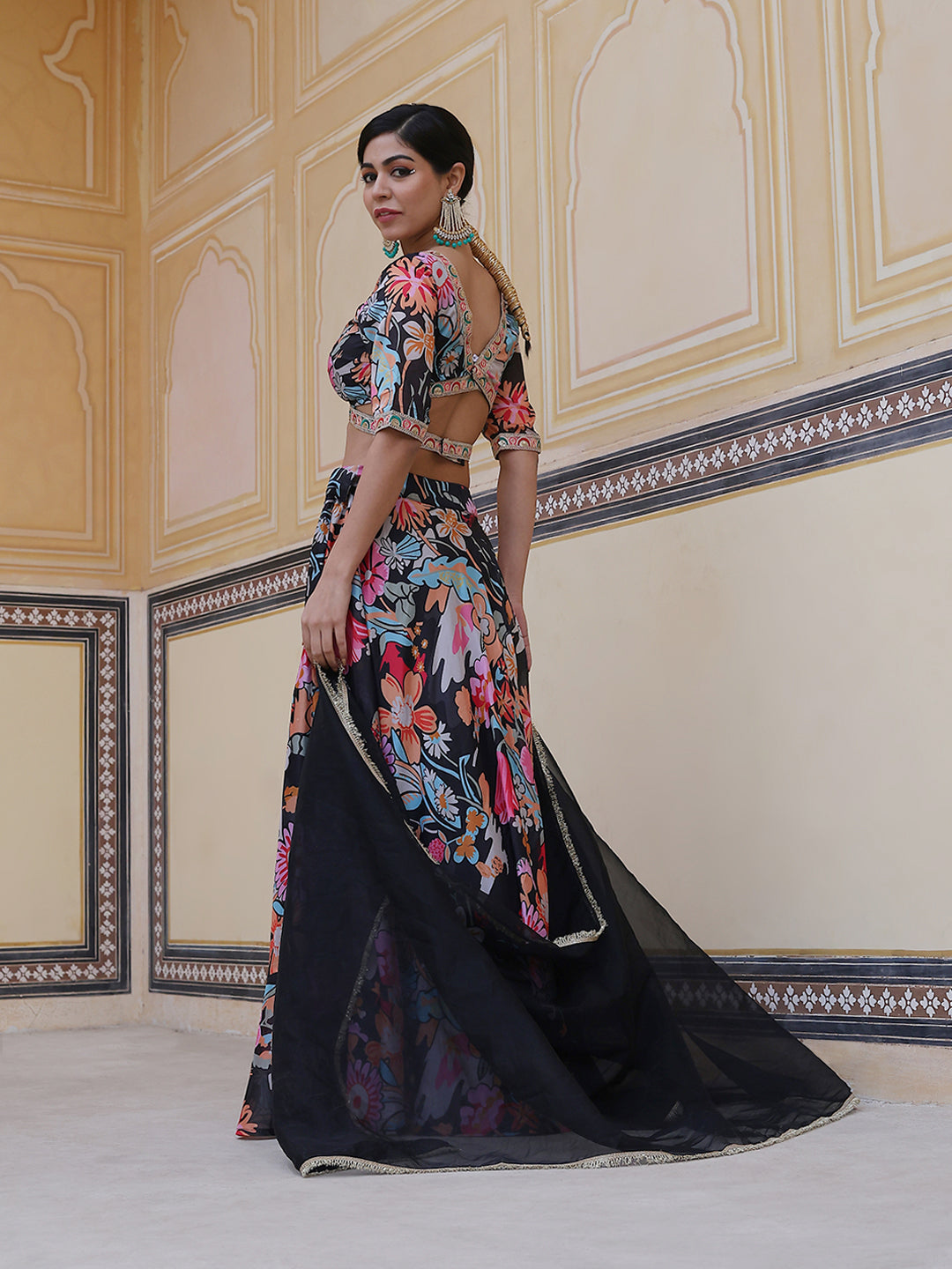 Black Floral Print Lehenga Choli With Dupatta