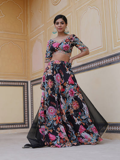 Black Floral Print Lehenga Choli With Dupatta