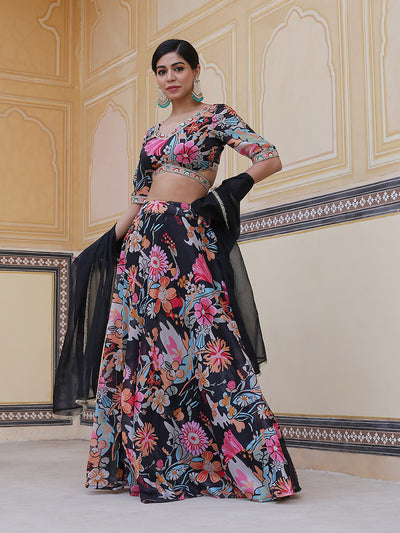 Black Floral Print Lehenga Choli With Dupatta