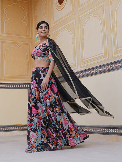 Black Floral Print Lehenga Choli With Dupatta