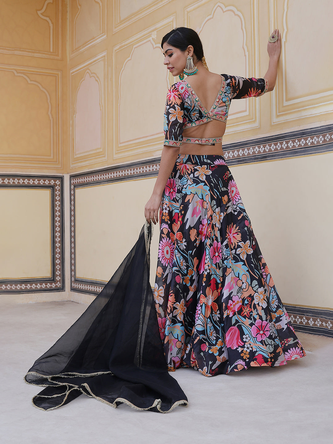 Black Floral Print Lehenga Choli With Dupatta