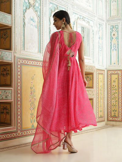 Pink Bandhani Print Anarkali Pant With Dupatta