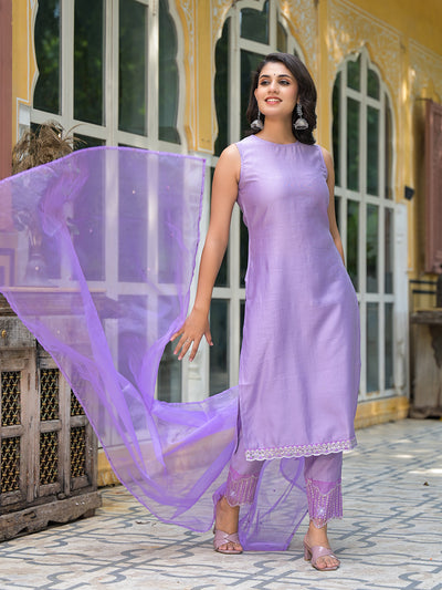 Lavender Sleevessless Kurta Sharara With Organza Sequinned Dupatta