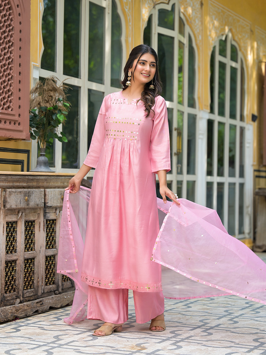 Powder Pink A-Line Kurta With Mirror Work On Dupatta