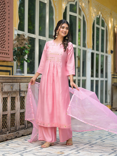 Powder Pink A-Line Kurta With Mirror Work On Dupatta