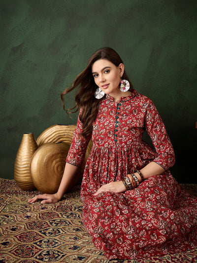 Red Floral Print Kantha Work Gathered Kurta