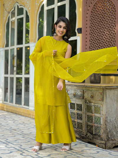 Mustard Sleevessless Kurta Sharara With Organza Sequinned Dupatta