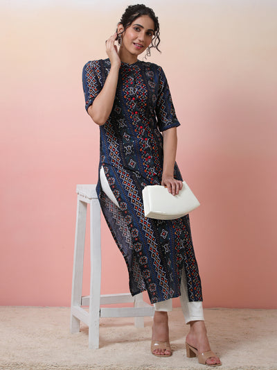 Navy Blue Gold Printed Button Down Kurta