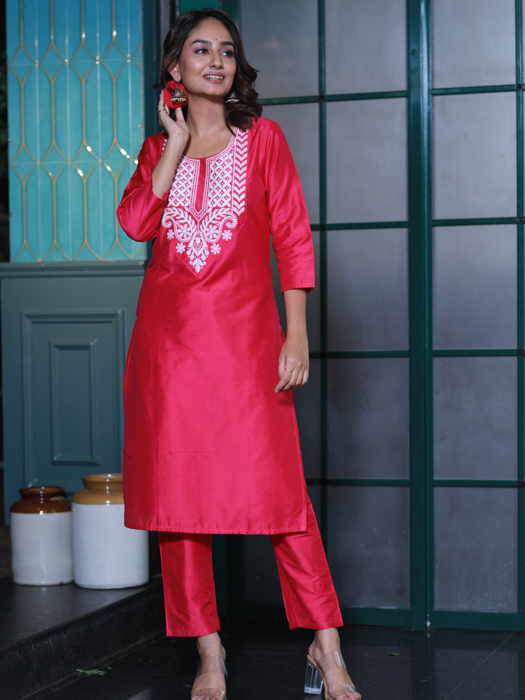 Hot Pink Embroidered Cotton Silk Kurta Set