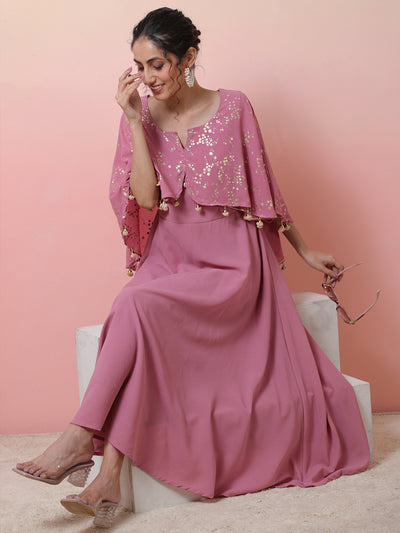 Mauve Foil Print Anarkali With Flared Sleeve