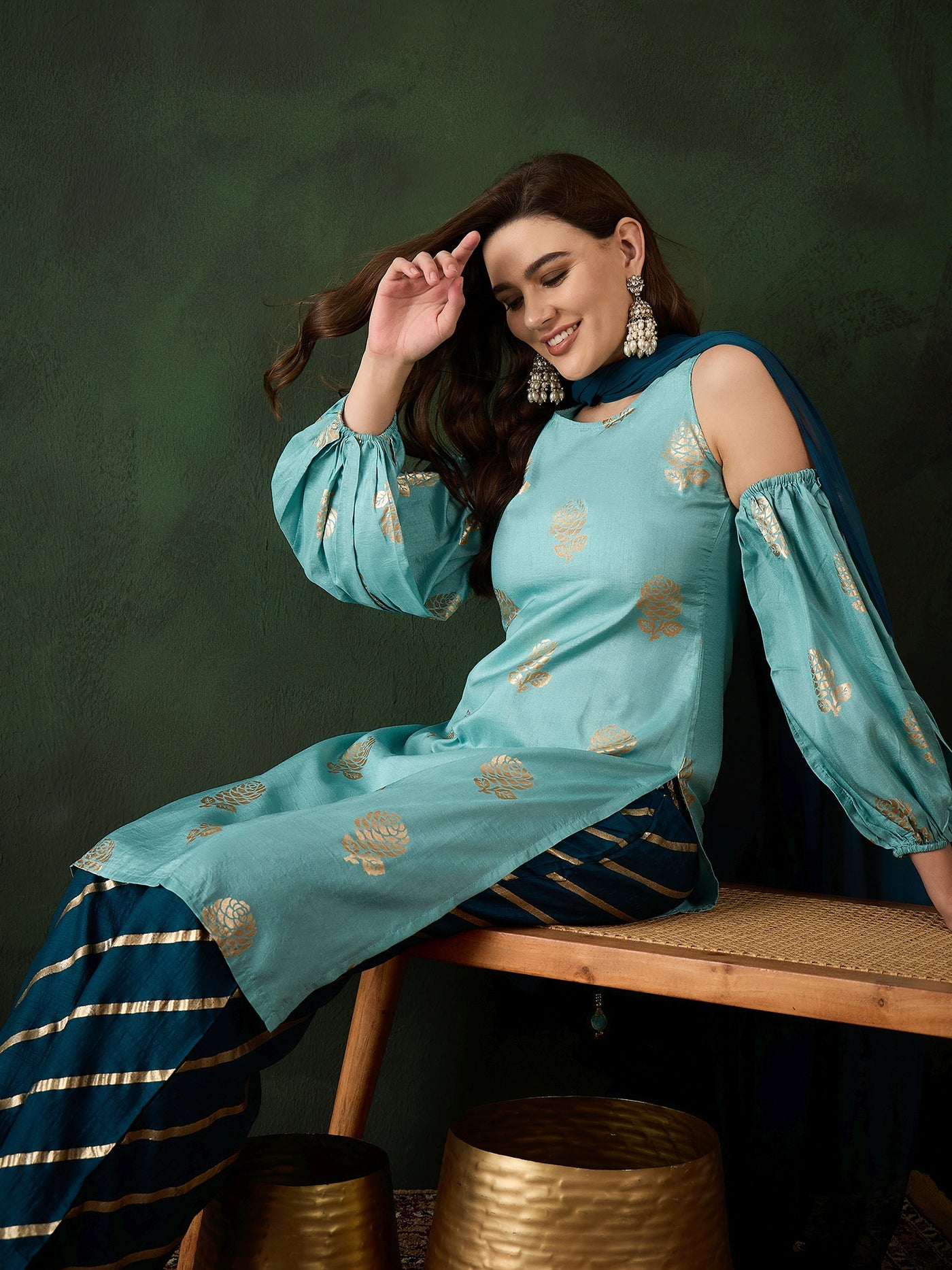 Blue Gold Printed Kurta Palazzo With Dupatta